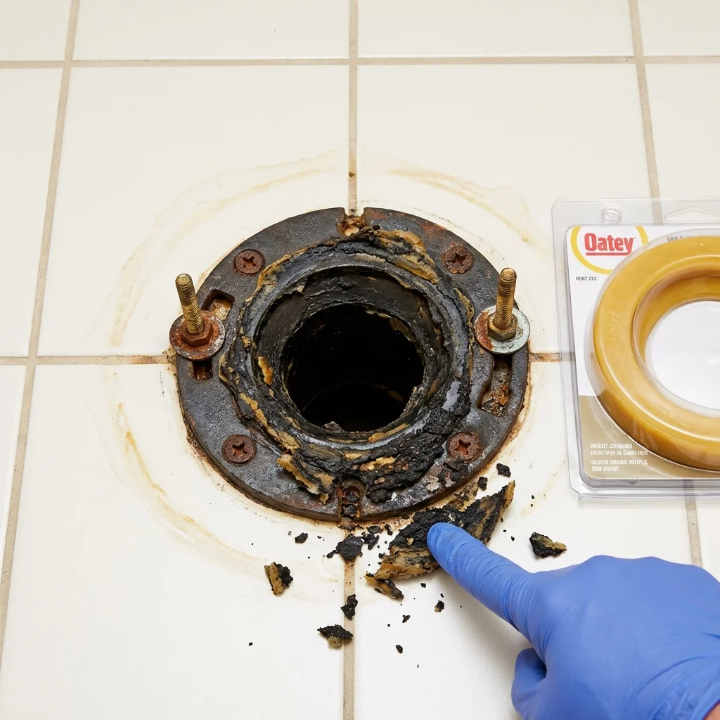 Failed wax ring showing water seepage at the base of a toilet in a Rockford, MI home